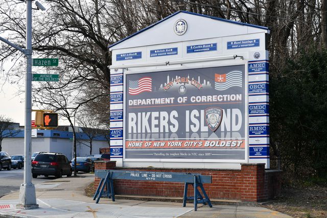 A view of the sign to the entrance of Rikers Island.
